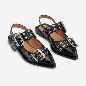 GANNI Feminine Buckle Ballerinas in Black